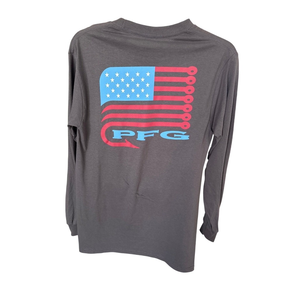 NWT Columbia PFG Gray American Flag Graphic Long‎ Sleeve Men's Size SM